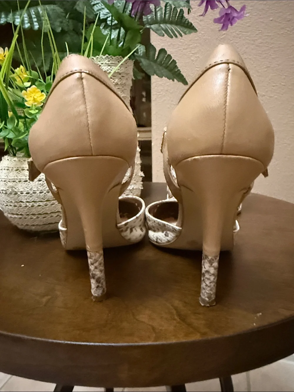 BCBG Pointed-Toe Snakeskin-Print Mary Jane Heels in Tan